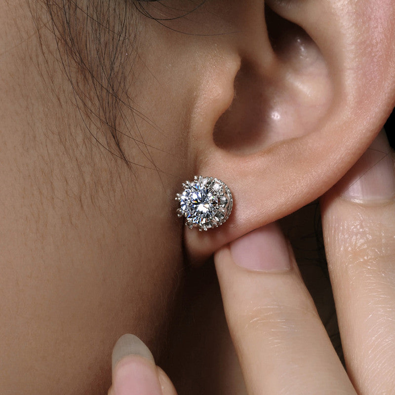 Silver Plated American Diamond Crushed Ice Cut Round Shape Stud Earrings