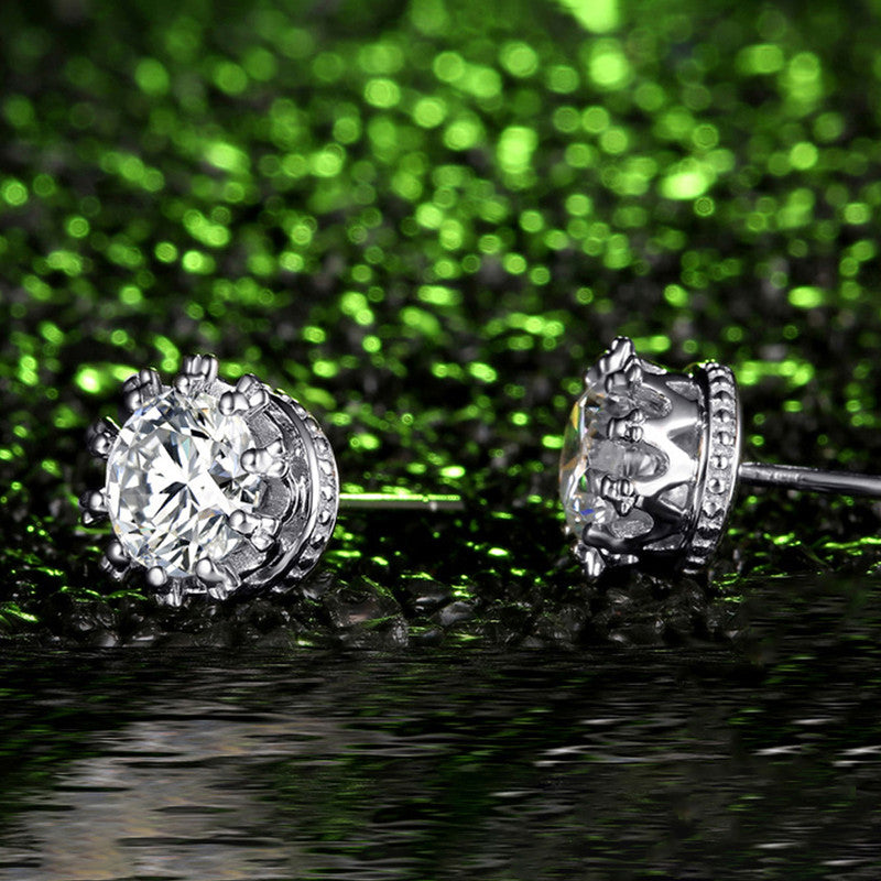 Silver Plated American Diamond Crushed Ice Cut Round Shape Stud Earrings