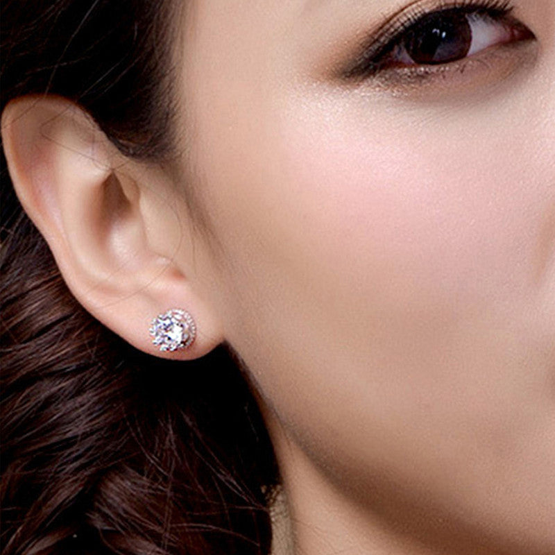 Silver Plated American Diamond Crushed Ice Cut Round Shape Stud Earrings