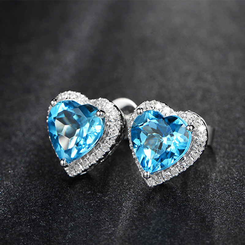 Silver Plated American Diamond Crushed Ice Cut Blue Heart Shape Stud Earrings