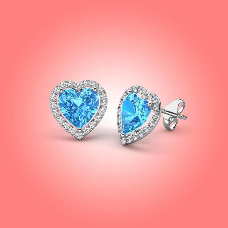 Silver Plated American Diamond Crushed Ice Cut Blue Heart Shape Stud Earrings