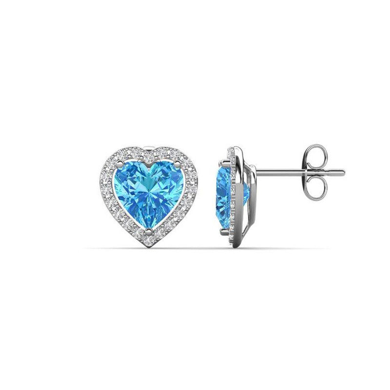 Silver Plated American Diamond Crushed Ice Cut Blue Heart Shape Stud Earrings