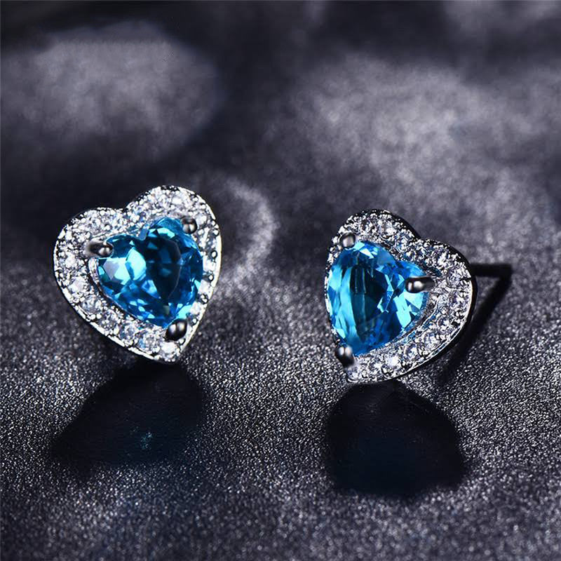 Silver Plated American Diamond Crushed Ice Cut Blue Heart Shape Stud Earrings