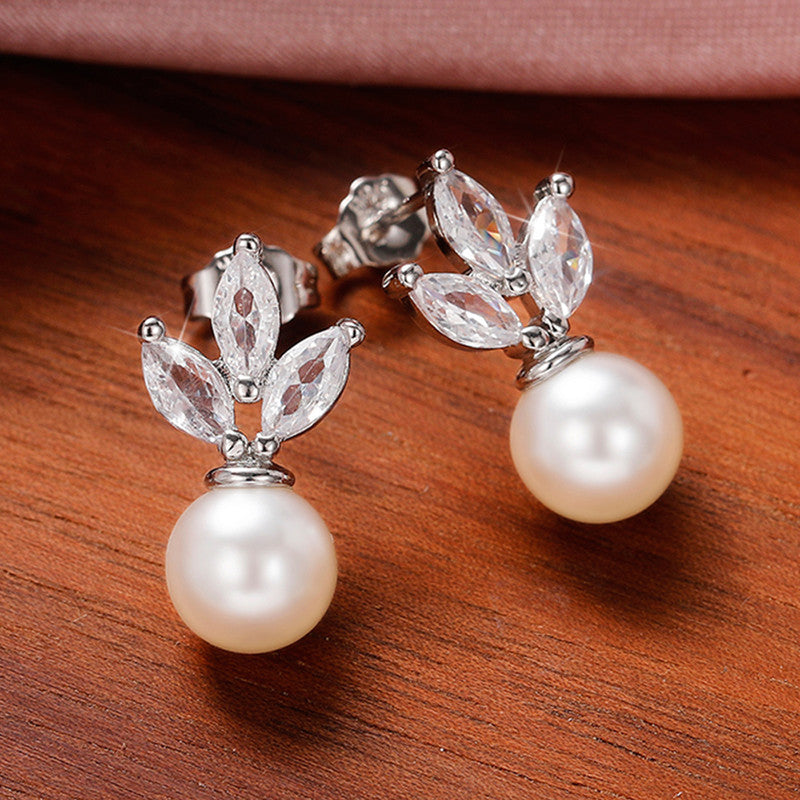 American Diamond Studded Pearl Drop Korean Earrings