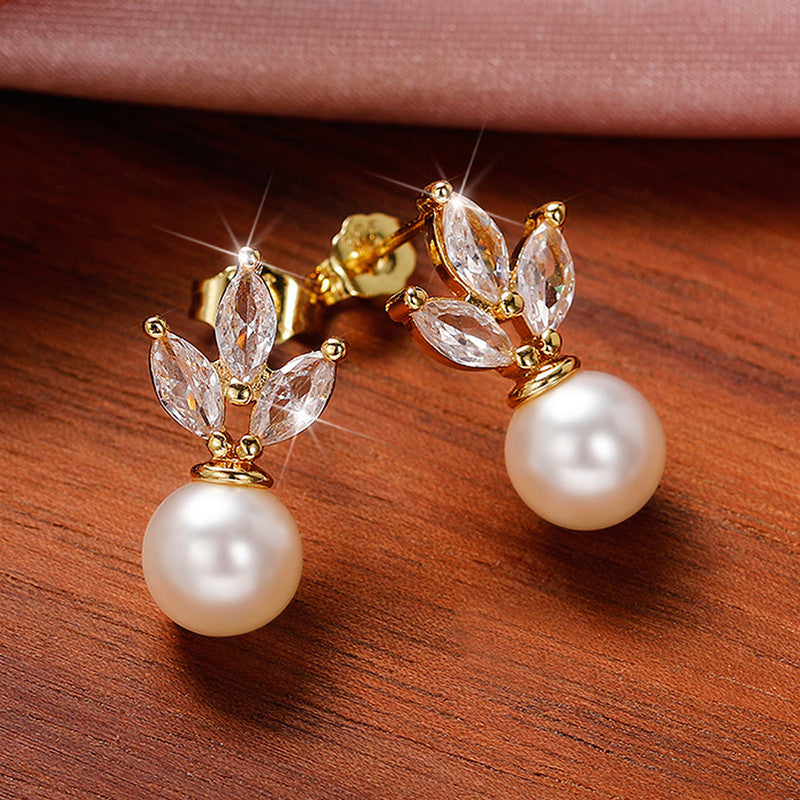 American Diamond Studded Pearl Drop Korean Earrings