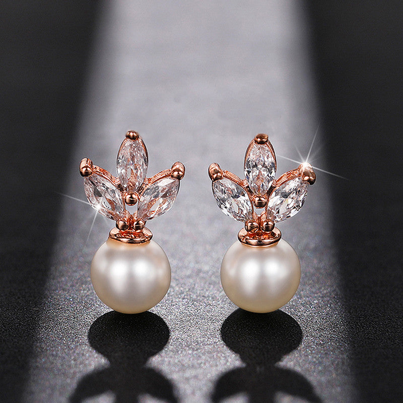 American Diamond Studded Pearl Drop Korean Earrings