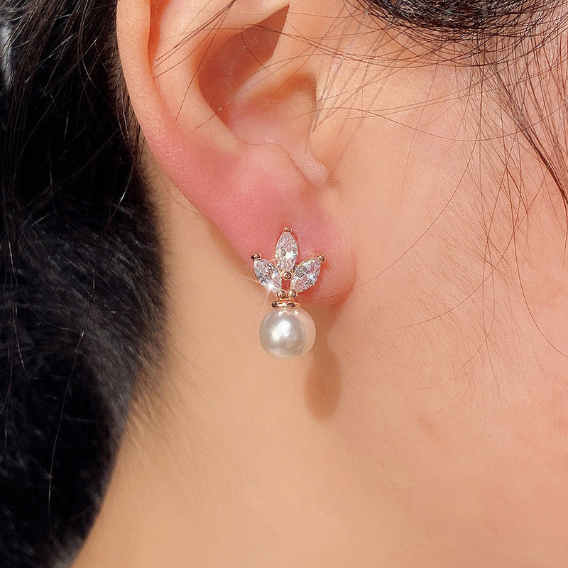 American Diamond Studded Pearl Drop Korean Earrings