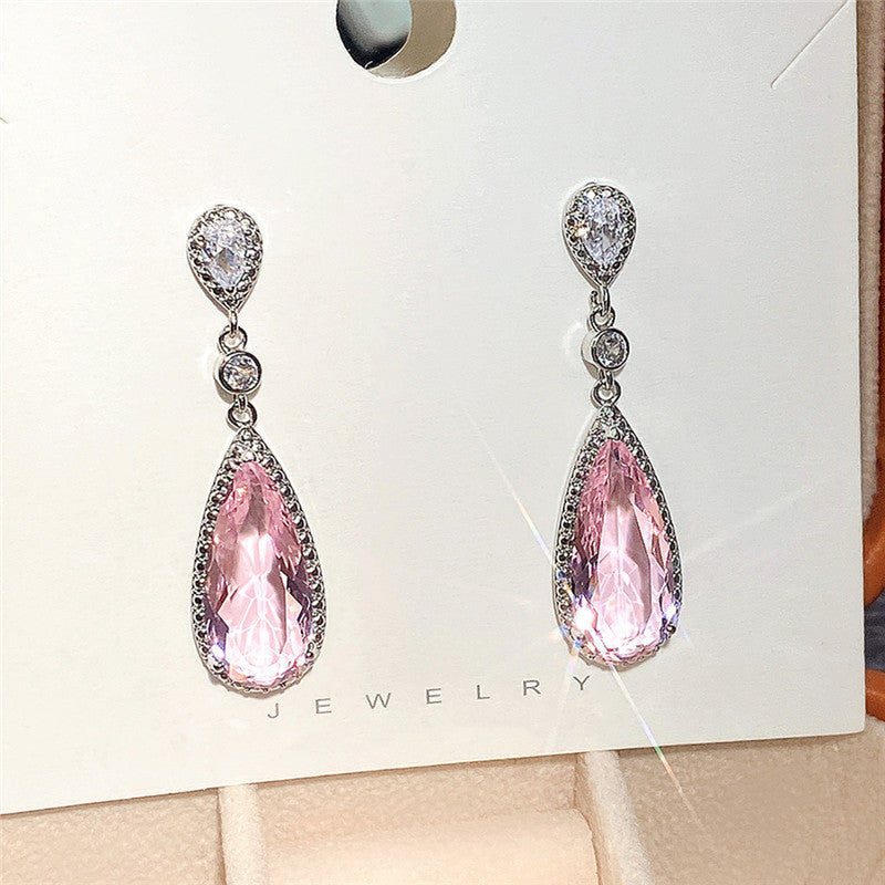 Silver Plated American Diamond Studded Pink Teardop Shape Ice Cut Drop Earrings