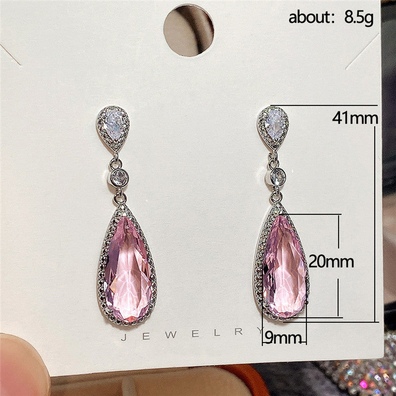 Silver Plated American Diamond Studded Pink Teardop Shape Ice Cut Drop Earrings