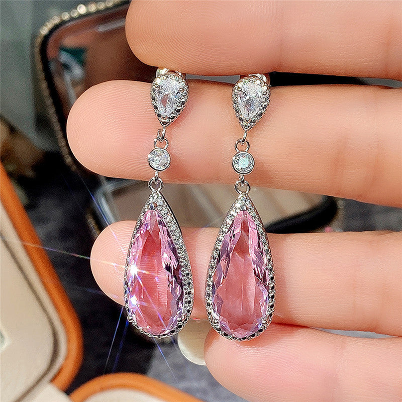 Silver Plated American Diamond Studded Pink Teardop Shape Ice Cut Drop Earrings