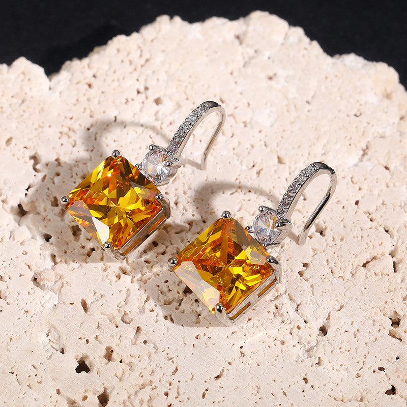 Silver Plated American Diamond Studded Yellow Square Shape Crushed Ice Cut Hanging Earrings