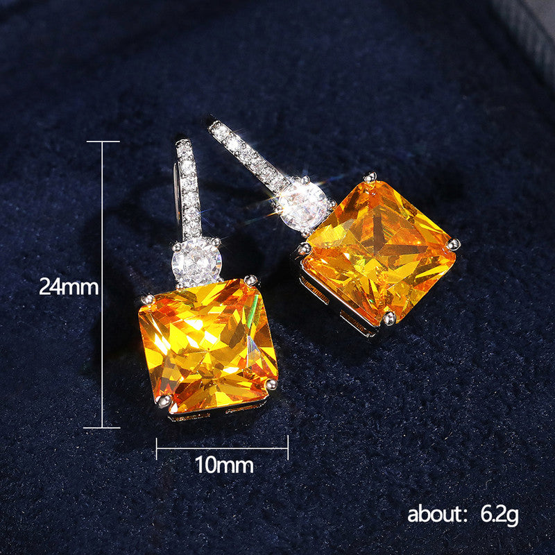 Silver Plated American Diamond Studded Yellow Square Shape Crushed Ice Cut Hanging Earrings