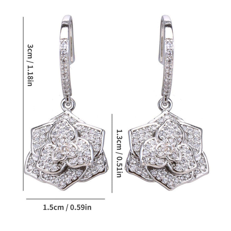 Silver Plated American Diamond Studded Floral Rose themed Drop Earrings