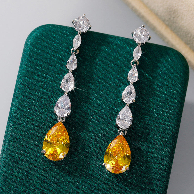 Silver Plated American Diamond Studded Yellow Teardrop Shape Crushed Ice Cut Drop Earrings