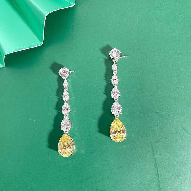 Silver Plated American Diamond Studded Yellow Teardrop Shape Crushed Ice Cut Drop Earrings