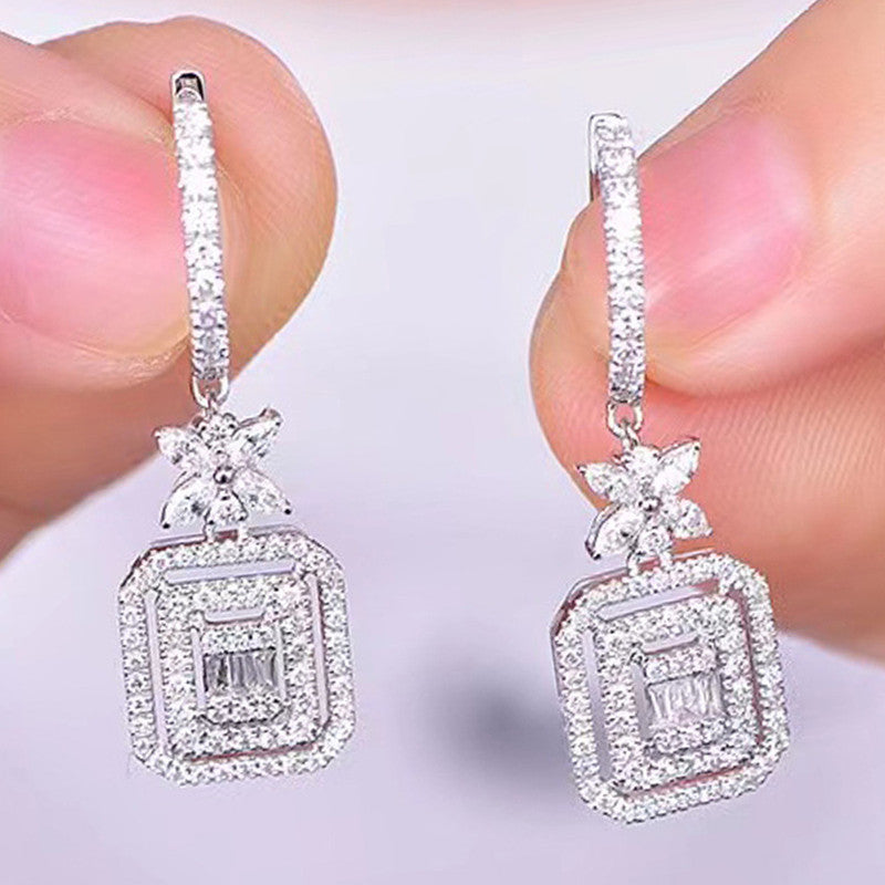 Silver Plated American Diamond Studded Iconic Luxury Geometric Drop Earrings