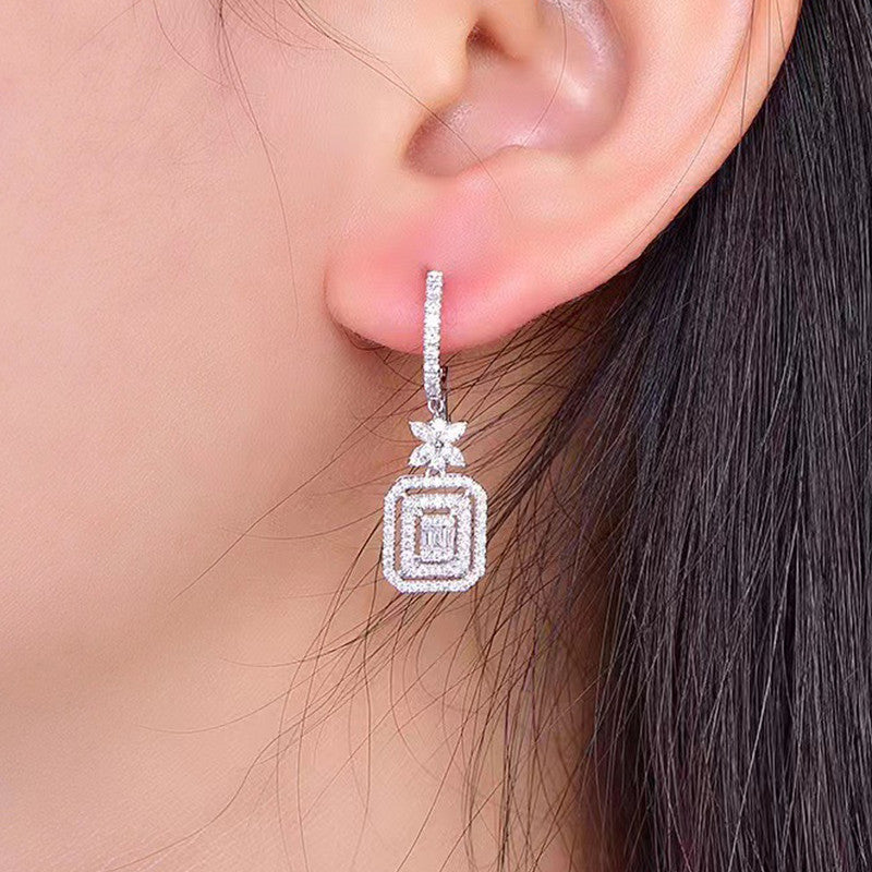 Silver Plated American Diamond Studded Iconic Luxury Geometric Drop Earrings