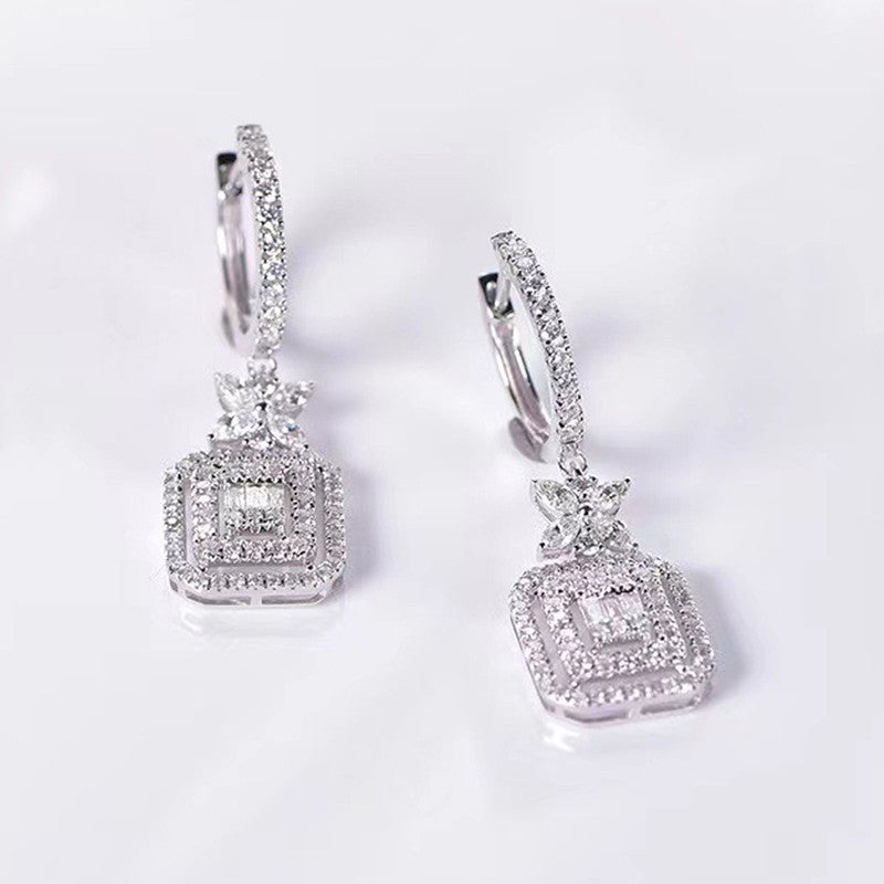 Silver Plated American Diamond Studded Iconic Luxury Geometric Drop Earrings