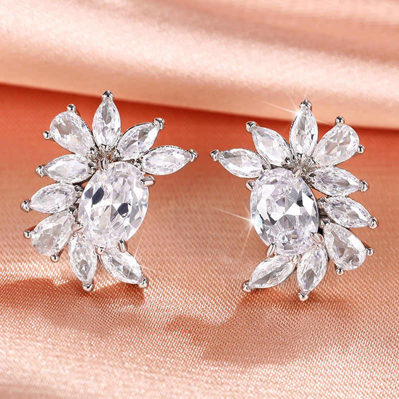 Silver Plated American Diamond Studded Crushed Ice Cut Stud Earrings