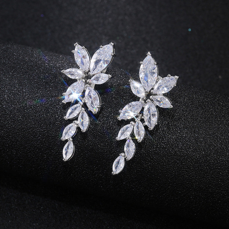 Silver Plated American Diamond Studded Floral Themed  Drop Earrings