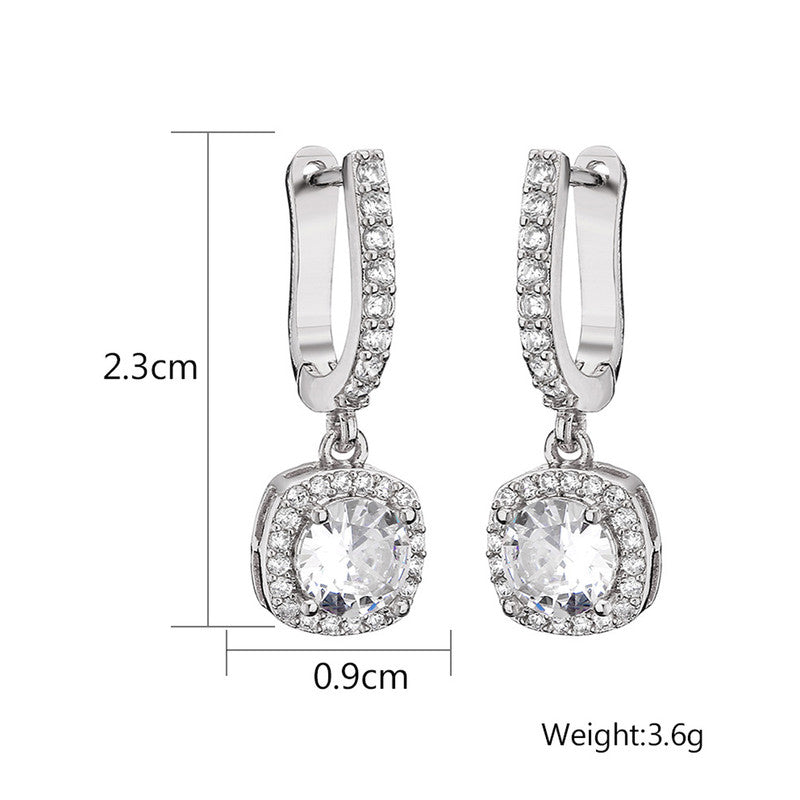 Silver Plated American Diamond Studded Rectangular Crushed Ice Cut Drop Earrings