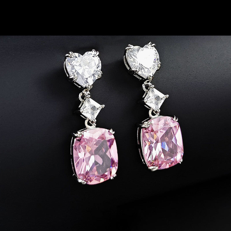 Silver Plated American Diamond Studded Silver Heart inspired Crushed Ice Cut Drop Earrings