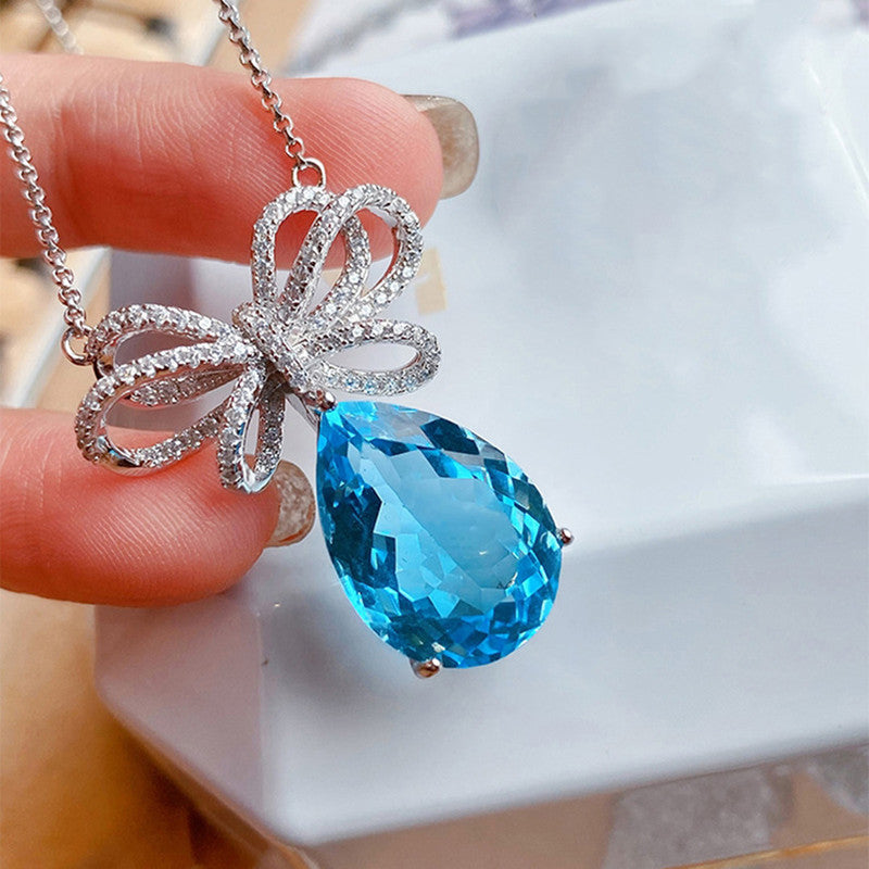 Silver Plated American Diamond Crushed Ice Cut Blue Teardrop Shape Pendant