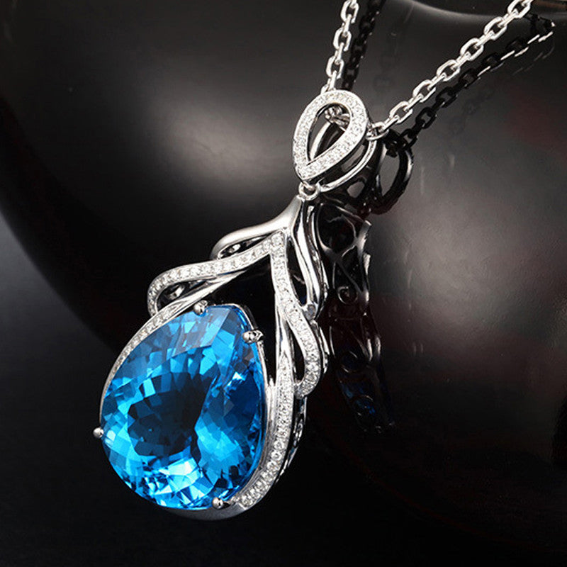 Silver Plated American Diamond Crushed Ice Cut Blue Teardrop Shape Pendant