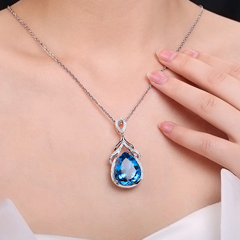 Silver Plated American Diamond Crushed Ice Cut Blue Teardrop Shape Pendant