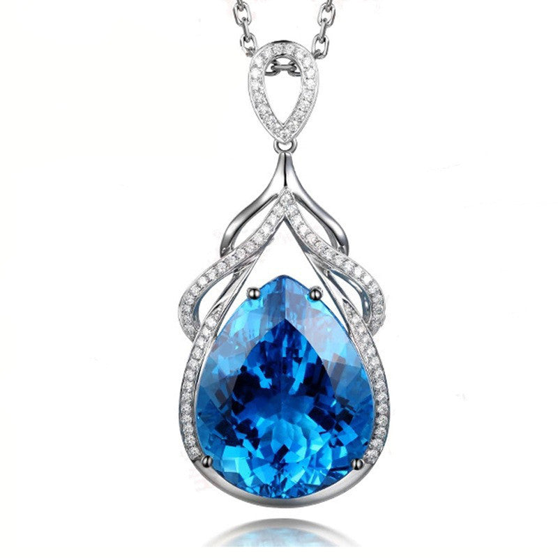 Silver Plated American Diamond Crushed Ice Cut Blue Teardrop Shape Pendant