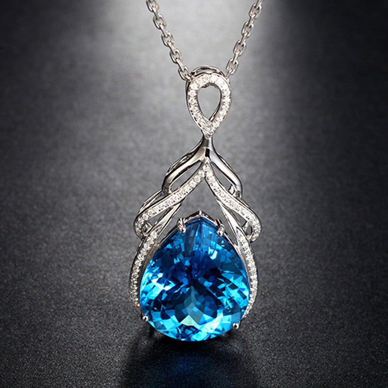 Silver Plated American Diamond Crushed Ice Cut Blue Teardrop Shape Pendant