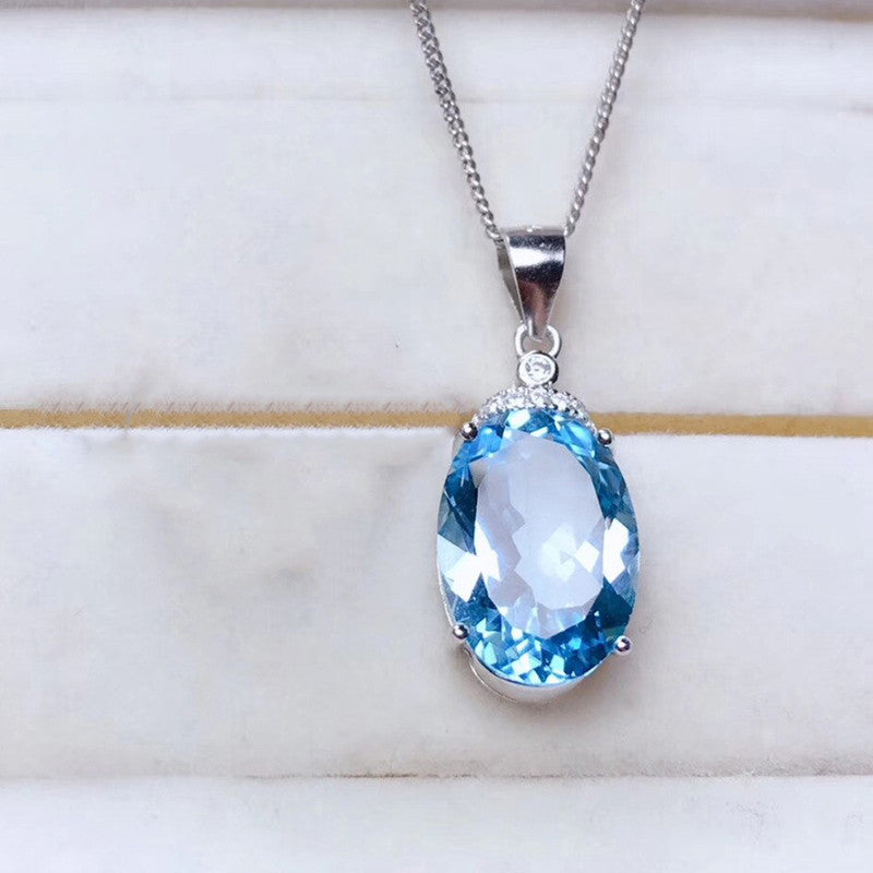 Silver Plated American Diamond Crushed Ice Cut Blue Oval Shape Pendant