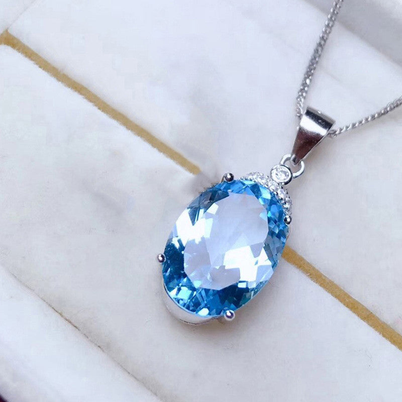 Silver Plated American Diamond Crushed Ice Cut Blue Oval Shape Pendant