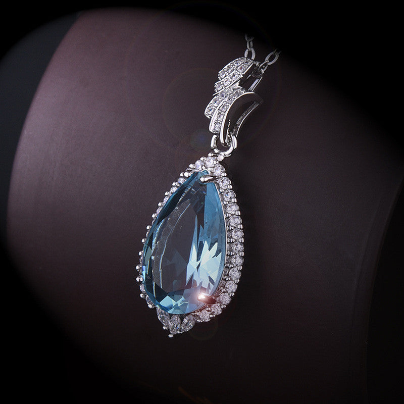 Silver Plated American Diamond Crushed Ice Cut Blue Teardrop Shape Contemporary Pendant