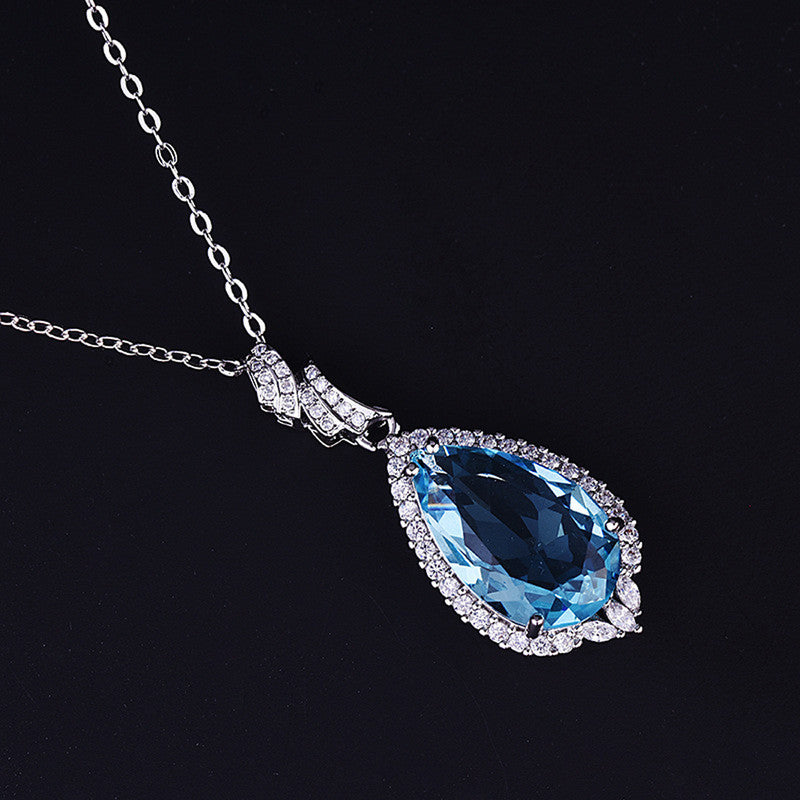 Silver Plated American Diamond Crushed Ice Cut Blue Teardrop Shape Contemporary Pendant