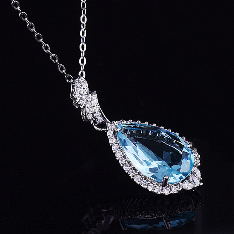 Silver Plated American Diamond Crushed Ice Cut Blue Teardrop Shape Contemporary Pendant