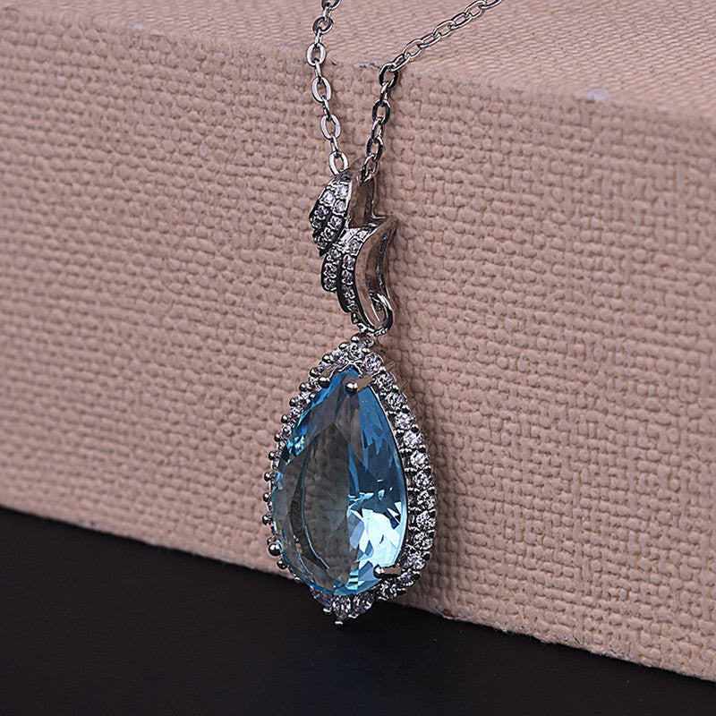 Silver Plated American Diamond Crushed Ice Cut Blue Teardrop Shape Contemporary Pendant