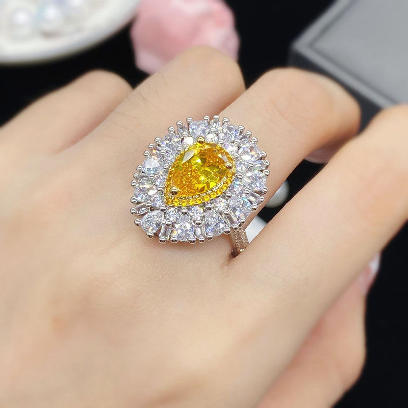 Silver Plated American Diamond Crushed Ice Cut Yellow Teardrop Cocktail Finger Ring