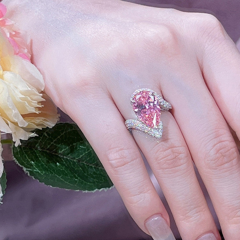 Silver Plated American Diamond Crushed Ice Cut Pink Teardrop Finger Ring