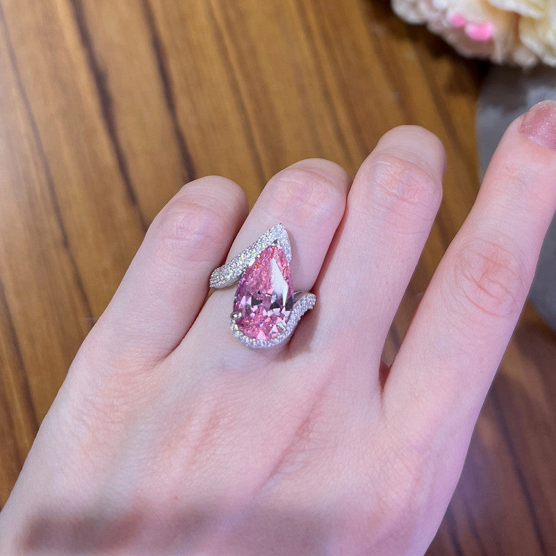 Silver Plated American Diamond Crushed Ice Cut Pink Teardrop Finger Ring