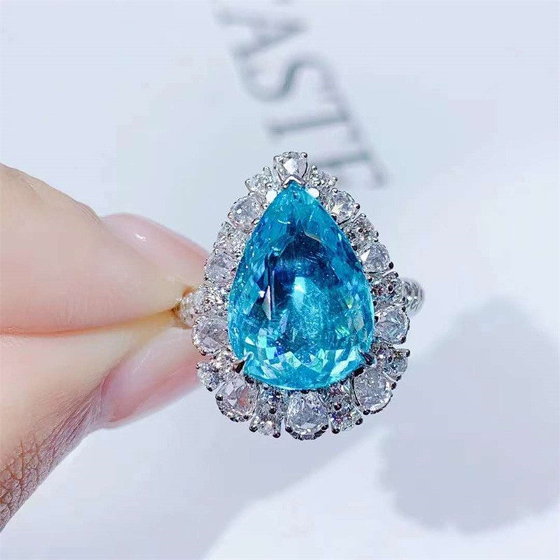 Silver Plated American Diamond Crushed Ice Cut Blue Teardrop Finger Ring