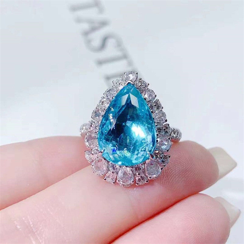 Silver Plated American Diamond Crushed Ice Cut Blue Teardrop Finger Ring