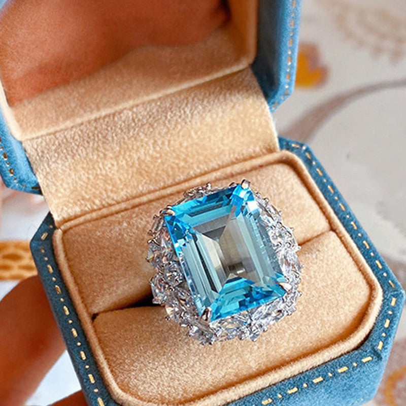 Silver Plated American Diamond Crushed Ice Cut Blue Rectangular Contemporary Finger Ring