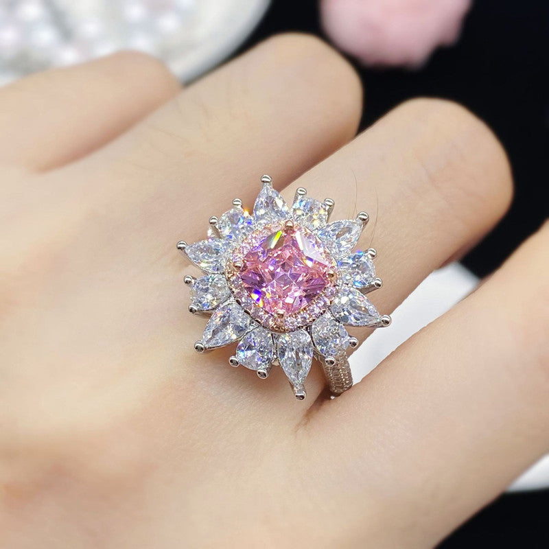 Silver Plated American Diamond Crushed Ice Cut Pink Floral Cocktail Finger Ring