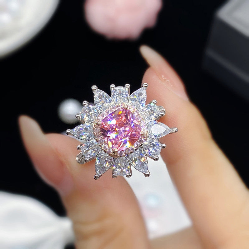 Silver Plated American Diamond Crushed Ice Cut Pink Floral Cocktail Finger Ring