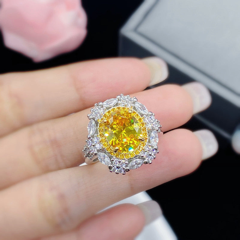 Silver Plated American Diamond Crushed Ice Cut Yellow Oval Cocktail Finger Ring