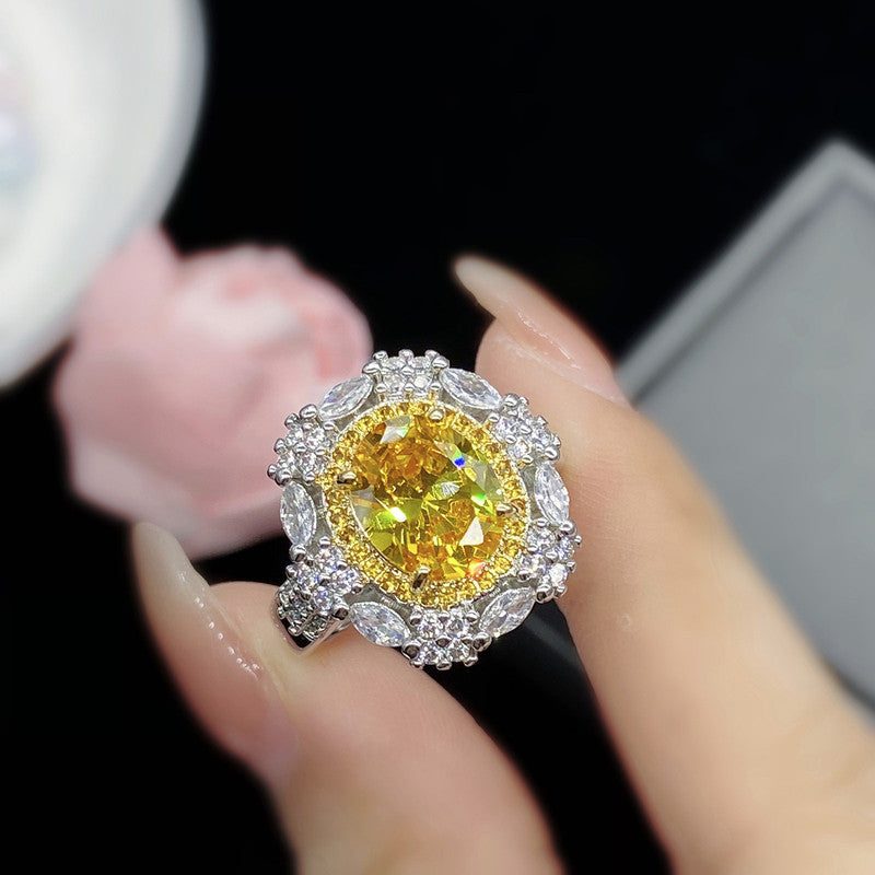 Silver Plated American Diamond Crushed Ice Cut Yellow Oval Cocktail Finger Ring