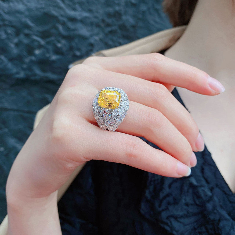 Silver Plated American Diamond Crushed Ice Cut Yellow Square Finger Ring