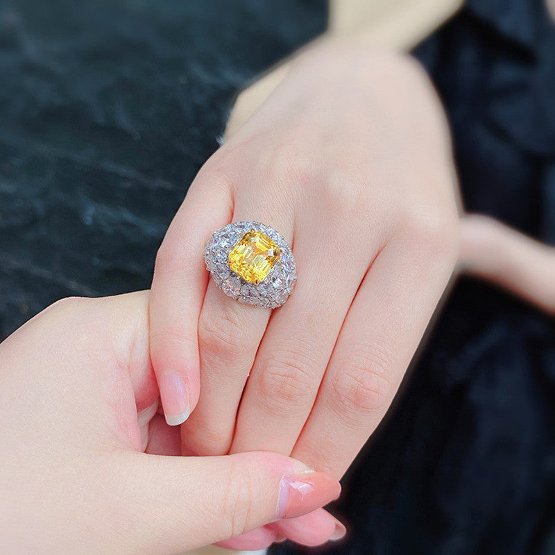 Silver Plated American Diamond Crushed Ice Cut Yellow Square Finger Ring