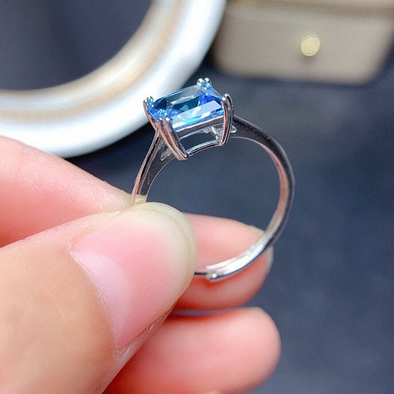 Silver Plated American Diamond Crushed Ice Cut Blue Square Finger Ring